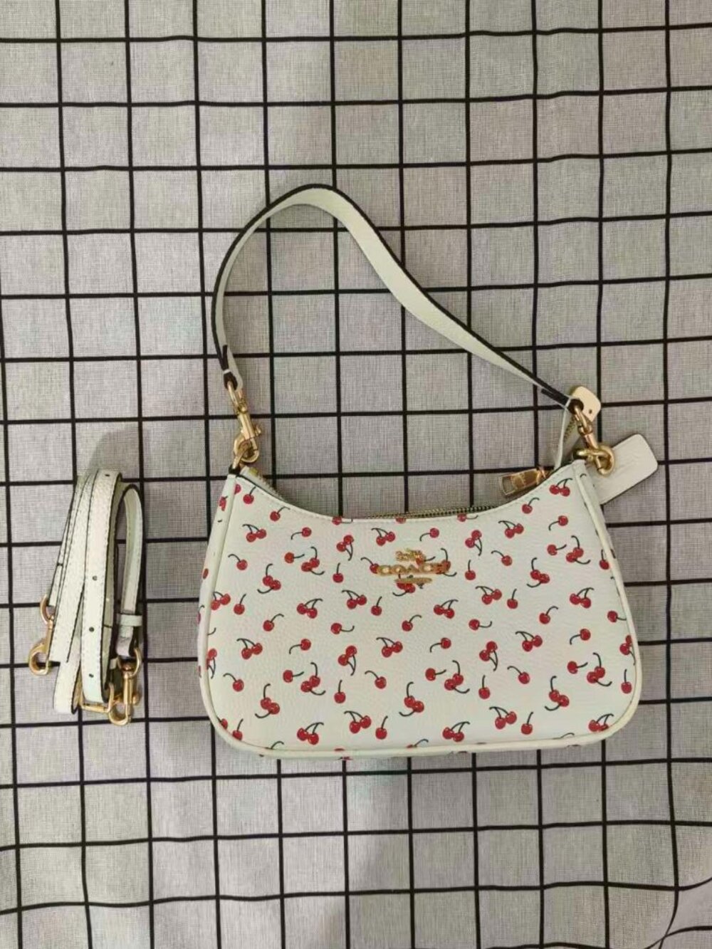 Coach White Cherry Print Hobo Shoulder Bag With Extra Crossbody Strap